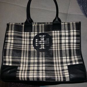 Tory Burch black and white plaid tote